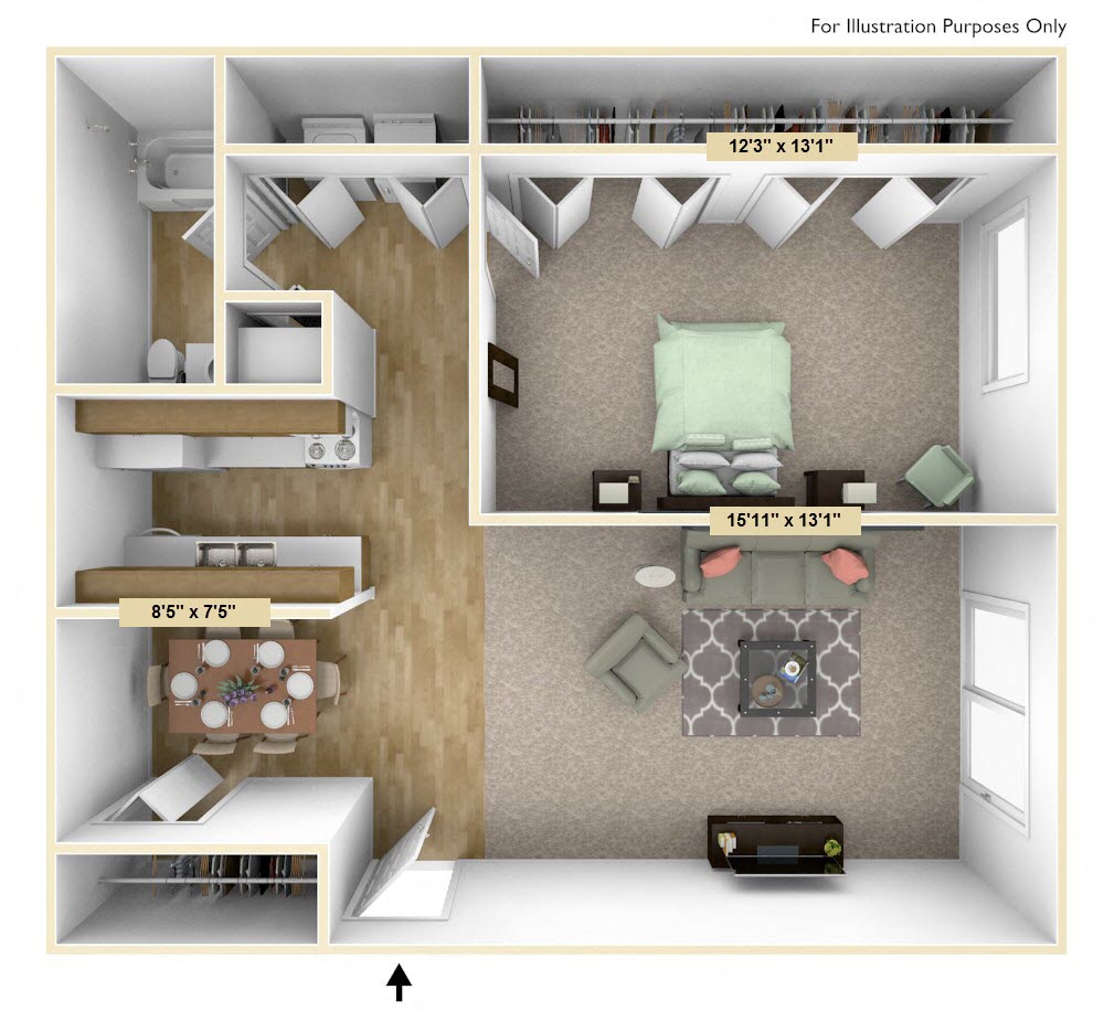 Floor plan for 1 bed, 1 bath, 680 sqft
